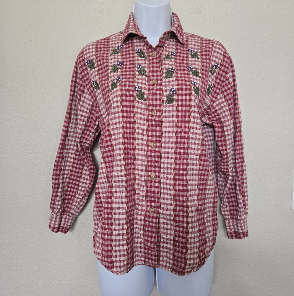 Vintage 90s Plaid Floral Embroidered Plaid Button Down Shirt Size Small
